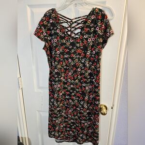 No Boundaries Juniors Stretch Floral Black Dress with Lattice Back